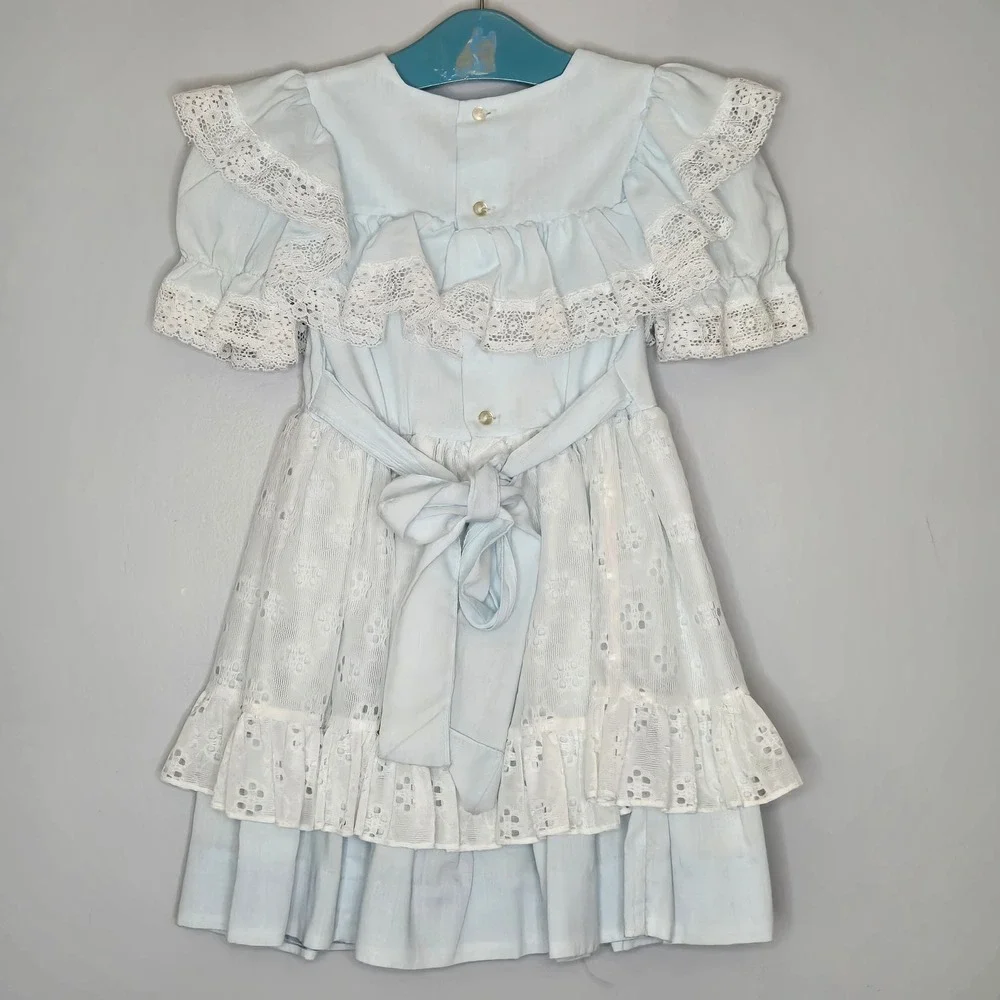 Vtg Martha's Miniatures Girls 5 Blue Lace Apron Dress Circle Skirt Twirl Prairie